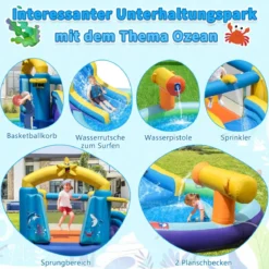 Aufblasbarer Wasserrutschenpark mit 2 Pools & 680W Gebläse & Wasserkanone Blau