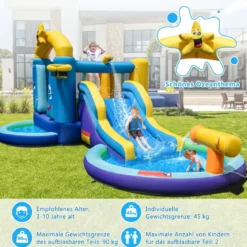 Aufblasbarer Wasserrutschenpark mit 2 Pools & 680W Gebläse & Wasserkanone Blau