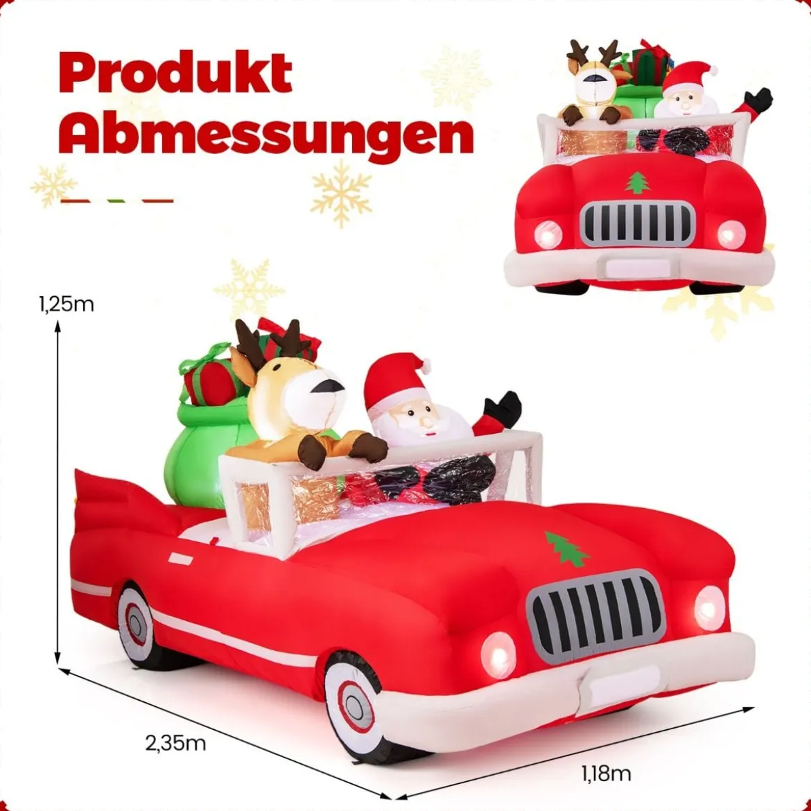 Aufblasbarer Weihnachtsmann im Cabriolet LED Weihnachtsdekoration mit Schlitten & Geschenkbox