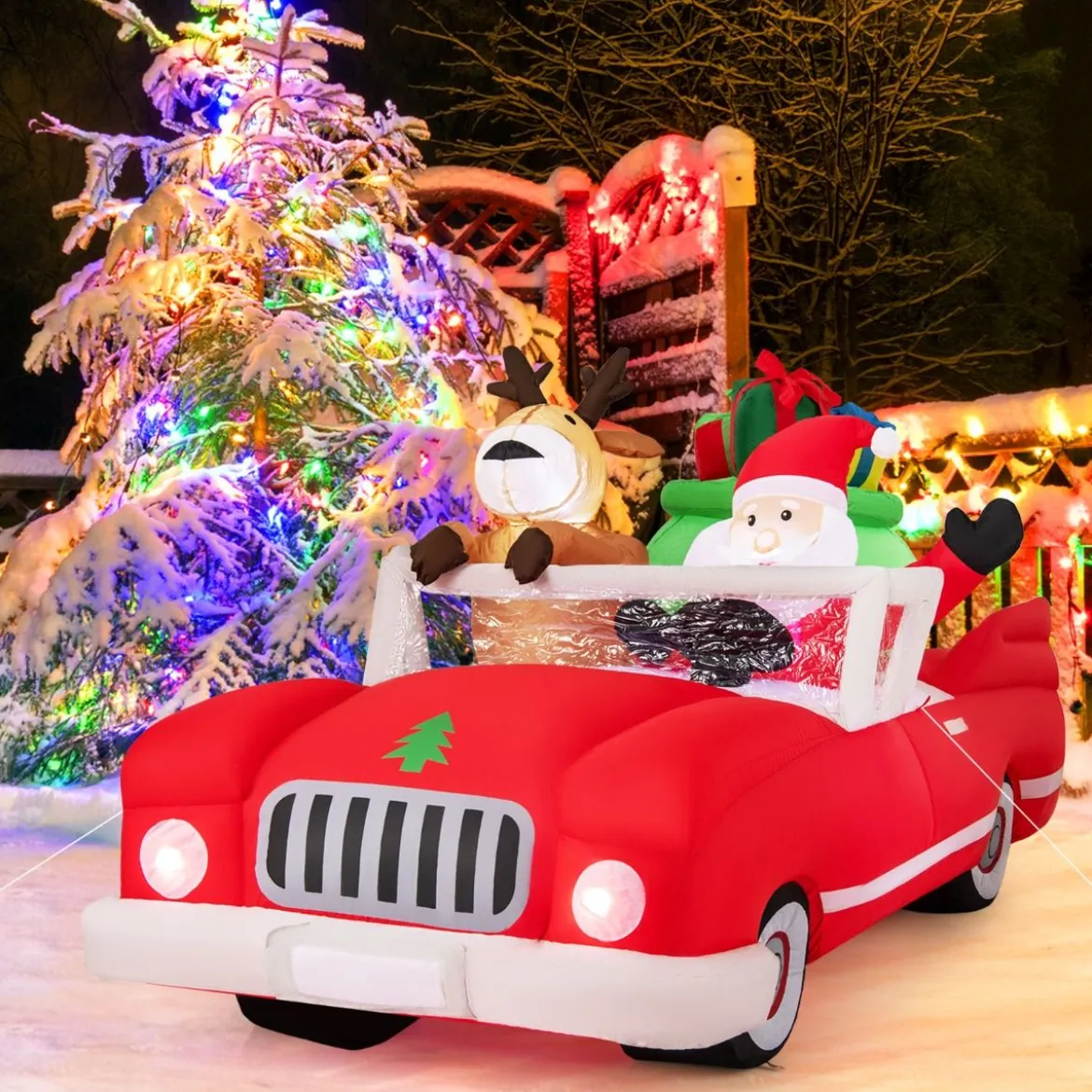 Aufblasbarer Weihnachtsmann im Cabriolet LED Weihnachtsdekoration mit Schlitten & Geschenkbox