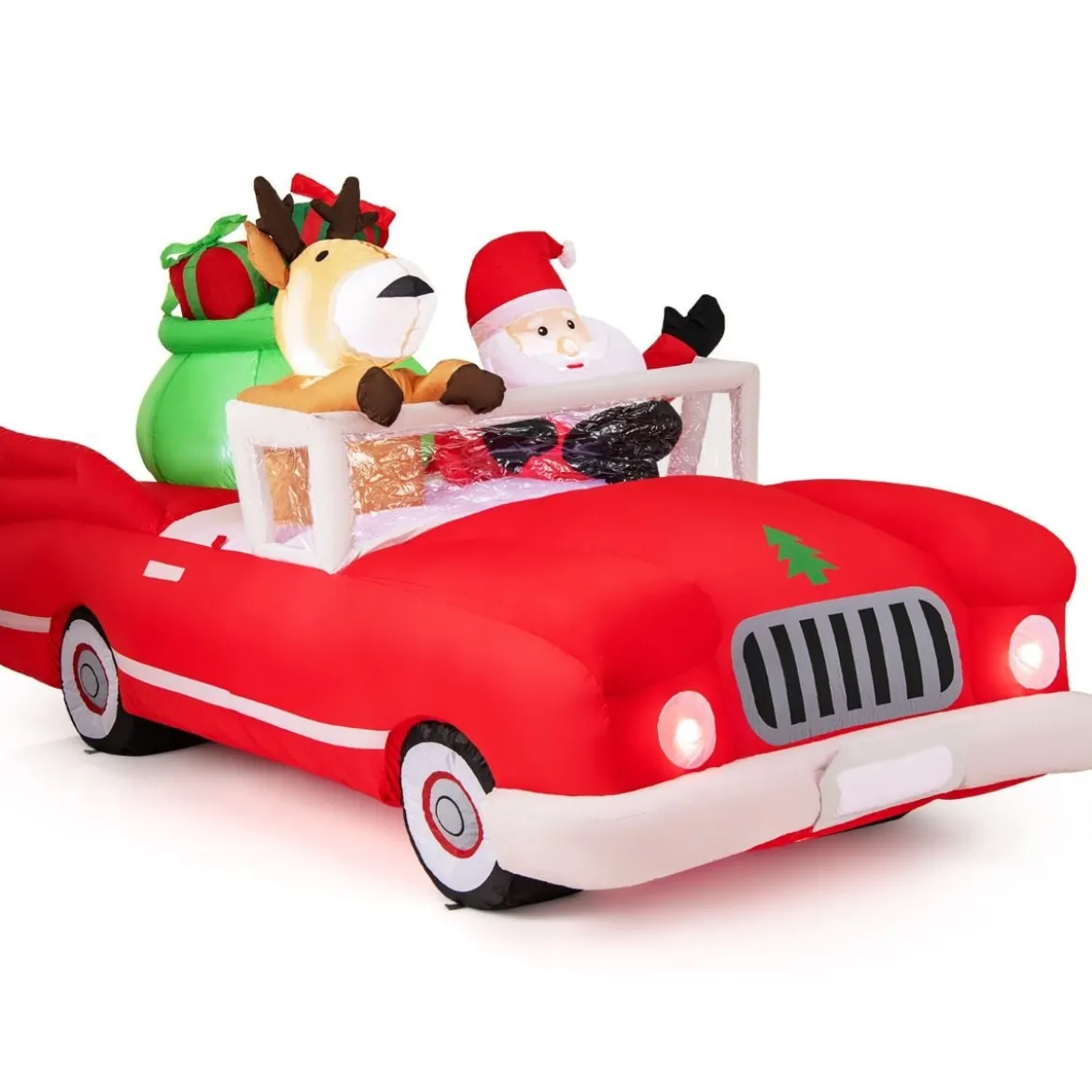 Aufblasbarer Weihnachtsmann im Cabriolet LED Weihnachtsdekoration mit Schlitten & Geschenkbox