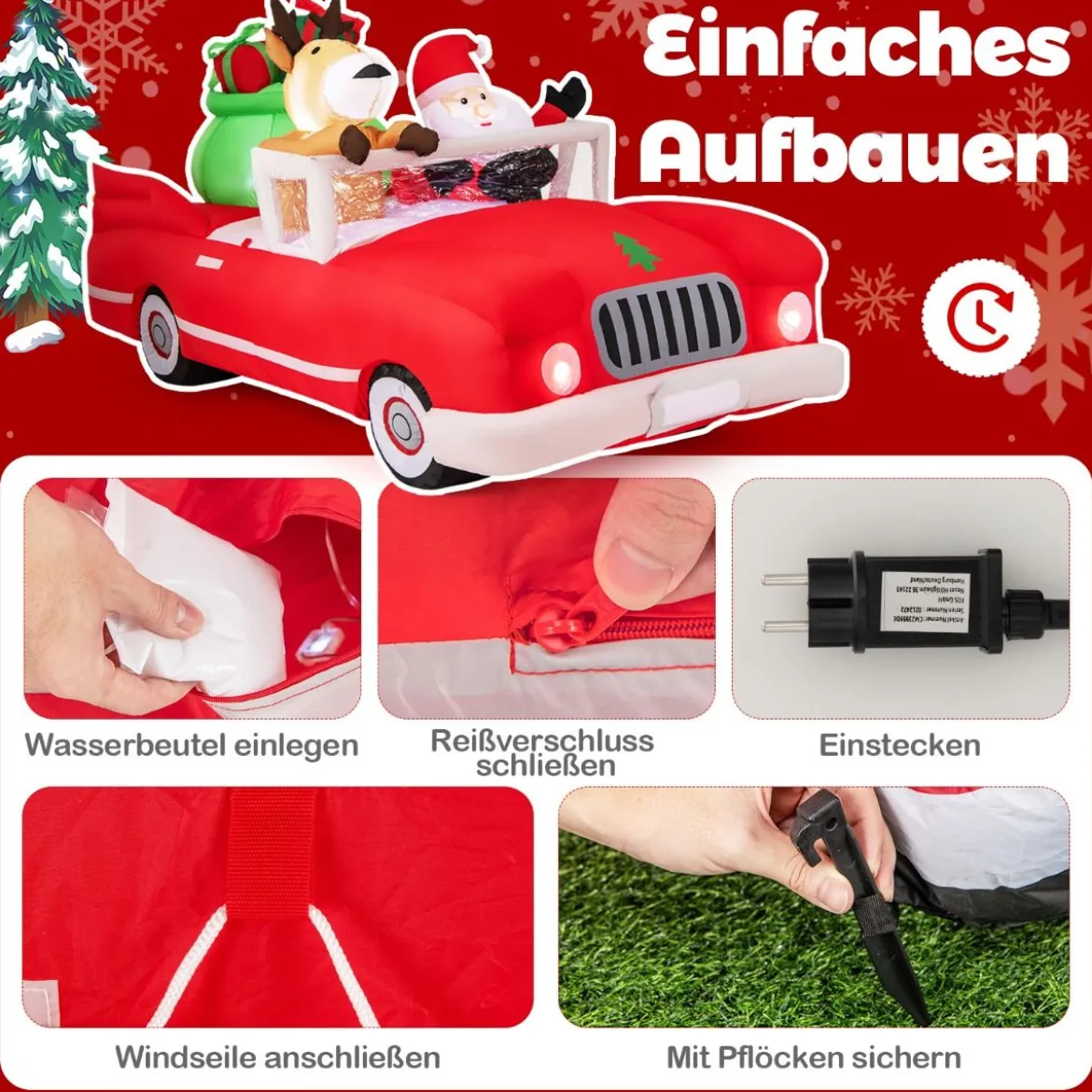 Aufblasbarer Weihnachtsmann im Cabriolet LED Weihnachtsdekoration mit Schlitten & Geschenkbox