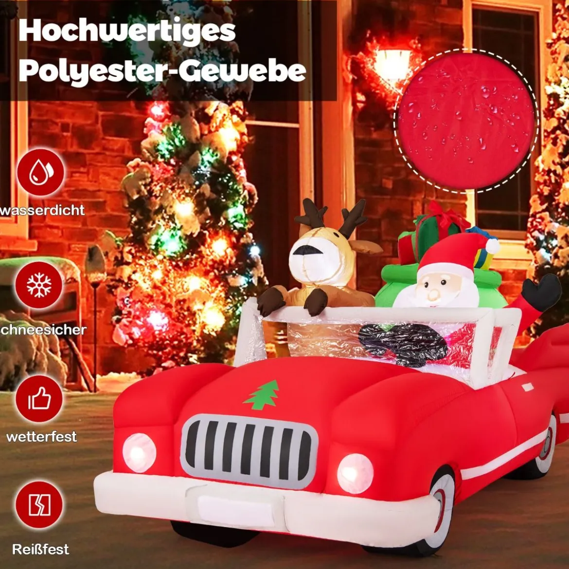 Aufblasbarer Weihnachtsmann im Cabriolet LED Weihnachtsdekoration mit Schlitten & Geschenkbox