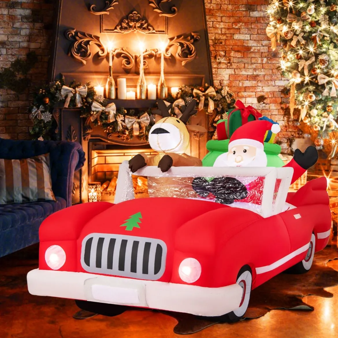 Aufblasbarer Weihnachtsmann im Cabriolet LED Weihnachtsdekoration mit Schlitten & Geschenkbox