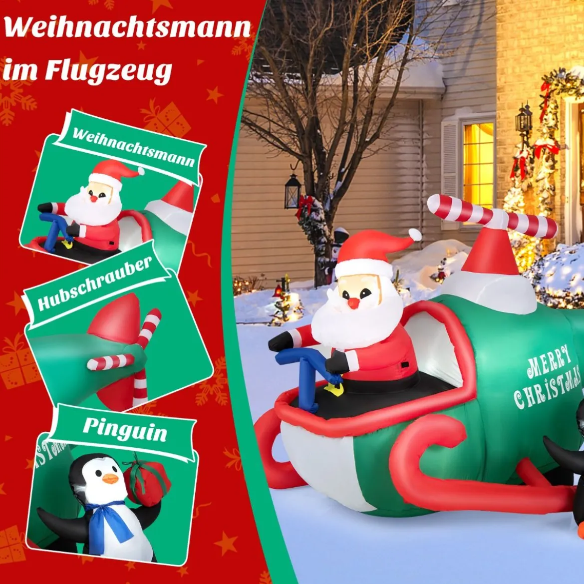 Aufblasbarer Weihnachtsmann im Hubschrauber mit Geschenk mit LED-Leuchten 190 x 130 x 120 cm