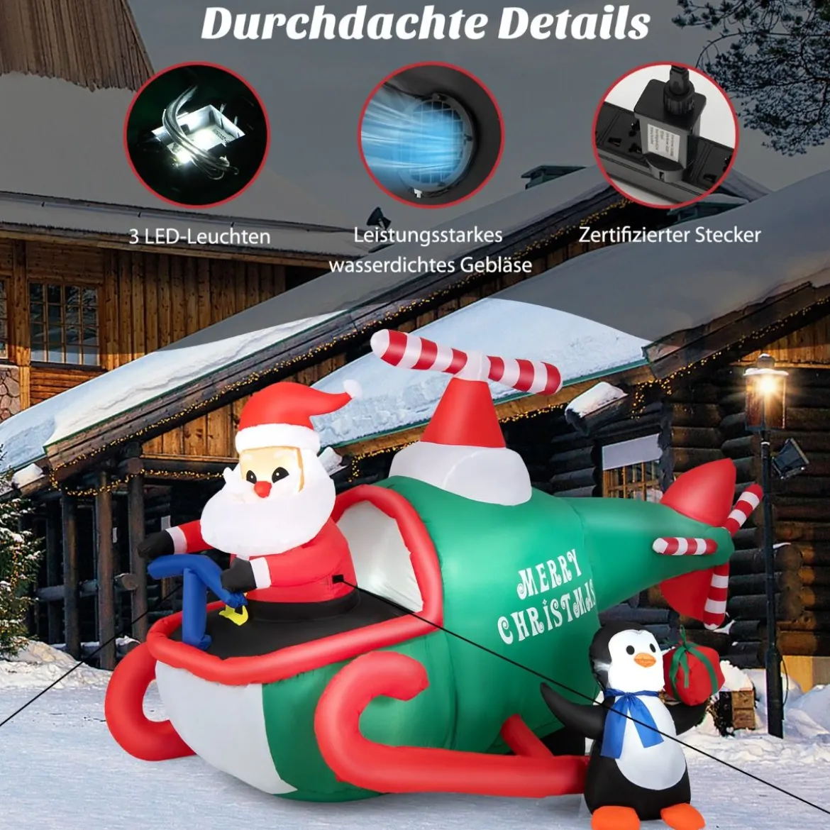 Aufblasbarer Weihnachtsmann im Hubschrauber mit Geschenk mit LED-Leuchten 190 x 130 x 120 cm