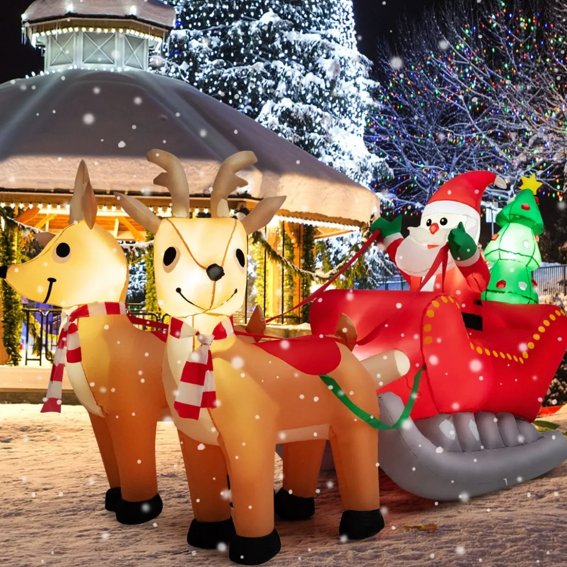 Aufblasbarer Weihnachtsmann mit Schlitten LED Weihnachtsdekoration mit Weihnachtsbaum
