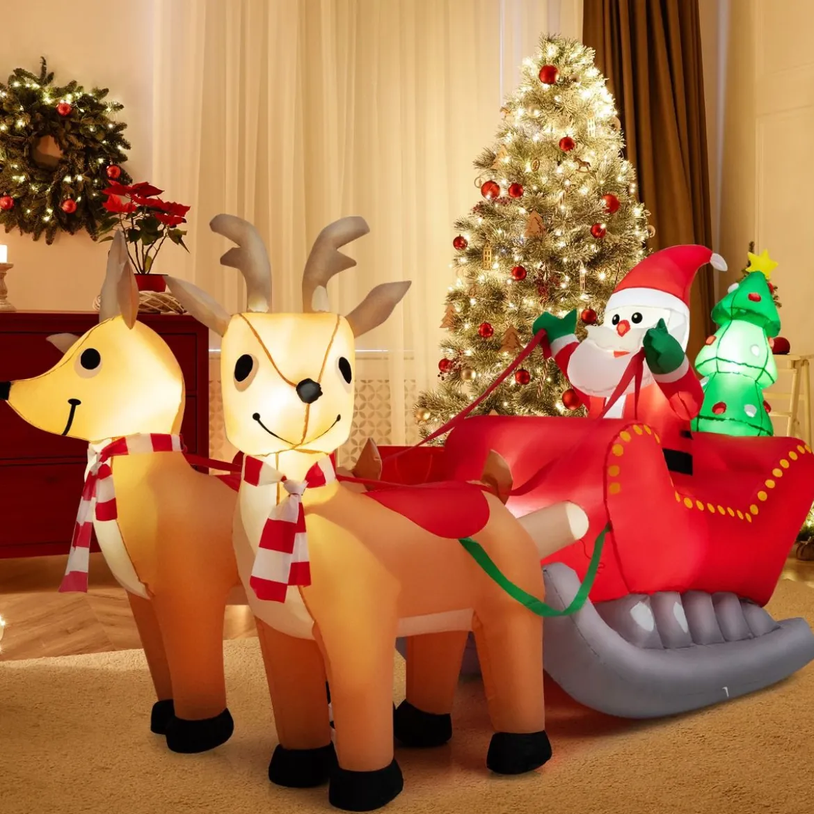 Aufblasbarer Weihnachtsmann mit Schlitten LED Weihnachtsdekoration mit Weihnachtsbaum