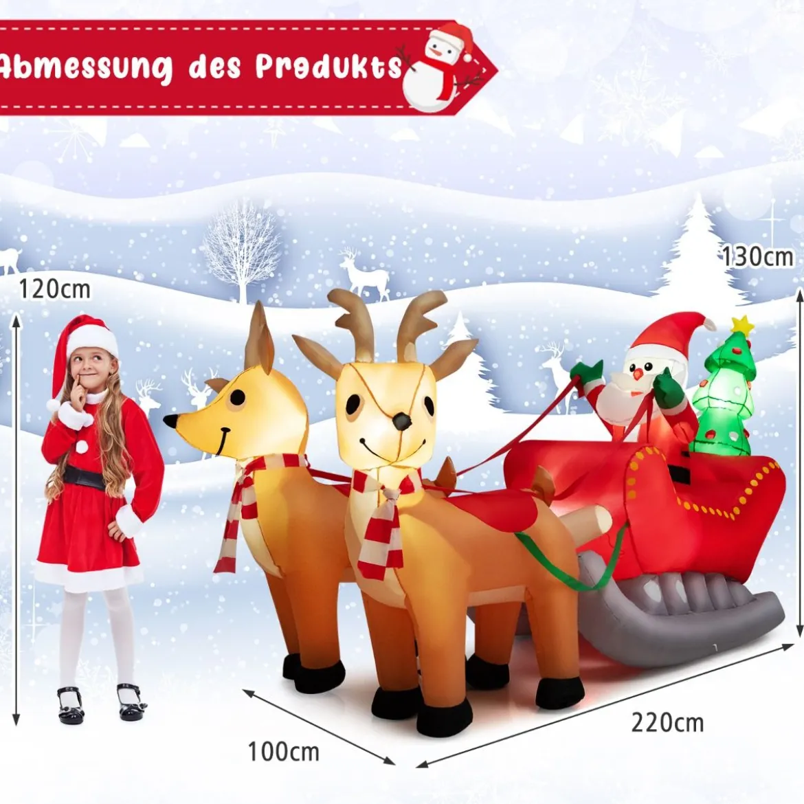Aufblasbarer Weihnachtsmann mit Schlitten LED Weihnachtsdekoration mit Weihnachtsbaum