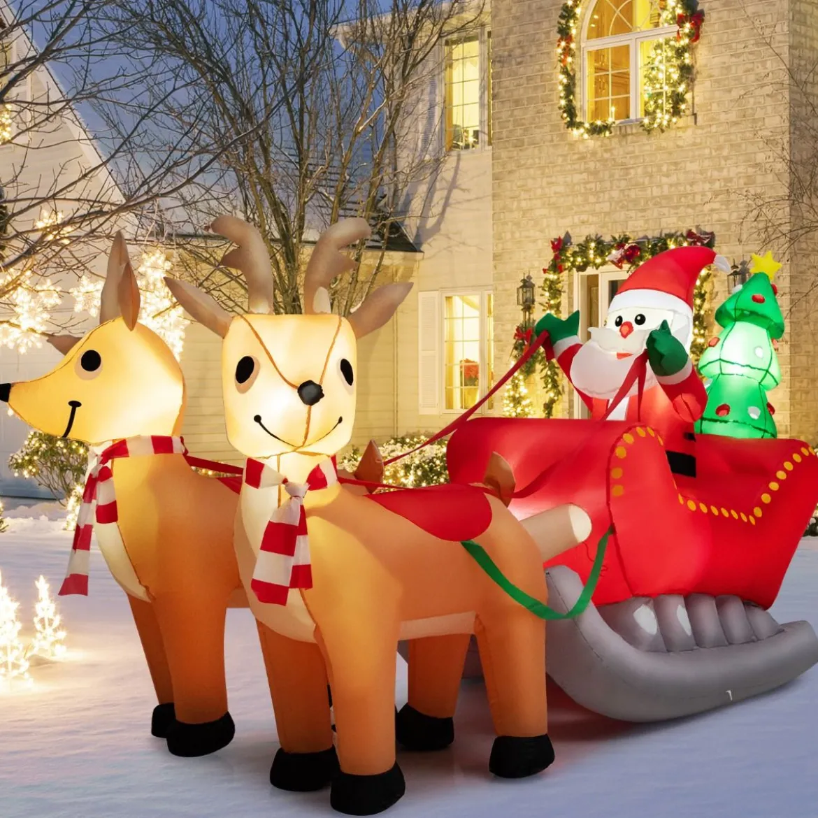 Aufblasbarer Weihnachtsmann mit Schlitten LED Weihnachtsdekoration mit Weihnachtsbaum