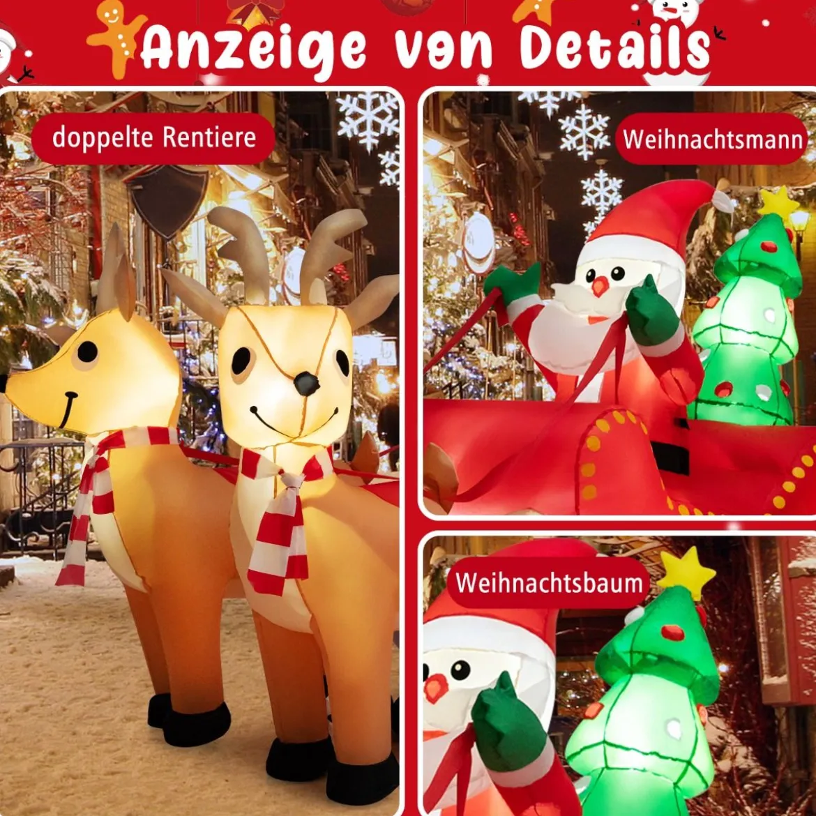 Aufblasbarer Weihnachtsmann mit Schlitten LED Weihnachtsdekoration mit Weihnachtsbaum