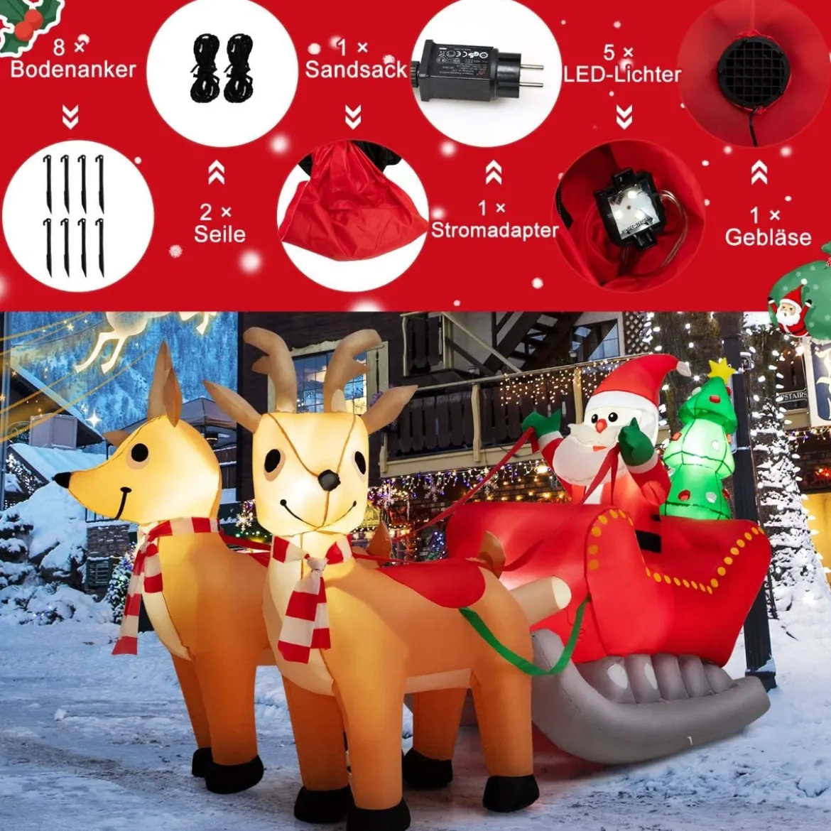 Aufblasbarer Weihnachtsmann mit Schlitten LED Weihnachtsdekoration mit Weihnachtsbaum
