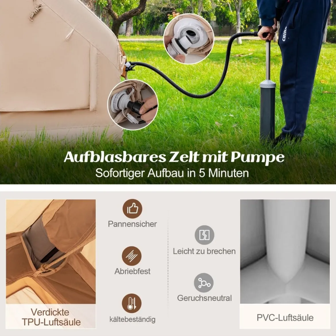 Aufblasbares Campingzelt aus Baumwolle für 4–6 Personen mit Pumpe & 7 Fenster Strandzelt