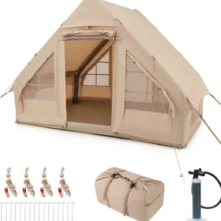 Aufblasbares Campingzelt aus Baumwolle für 4–6 Personen mit Pumpe & 7 Fenster Strandzelt