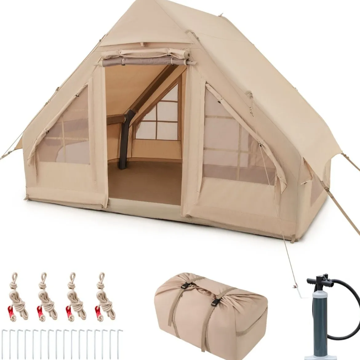 Aufblasbares Campingzelt aus Baumwolle für 4–6 Personen mit Pumpe & 7 Fenster Strandzelt
