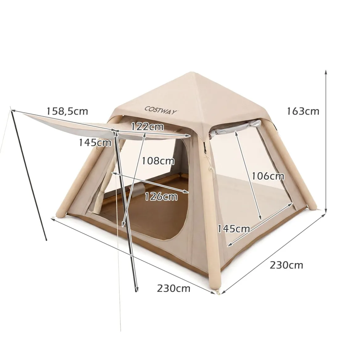 Aufblasbares Campingzelt für 2-4 Personen Luftzelt mit Abnehmbarem Vordach Meshfenster & 2 Türen