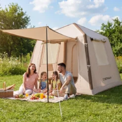 Aufblasbares Campingzelt für 2-4 Personen Luftzelt mit Moskitonetzfenstern Familienzelt mit Pumpe & Tragetasche