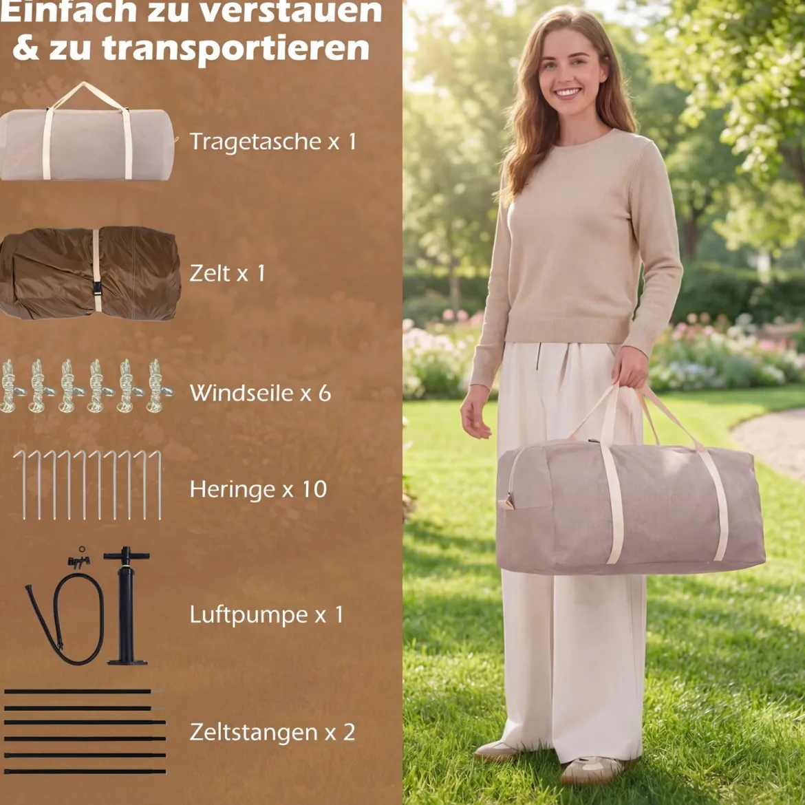 Aufblasbares Campingzelt für 2-4 Personen Luftzelt mit Moskitonetzfenstern Familienzelt mit Pumpe & Tragetasche