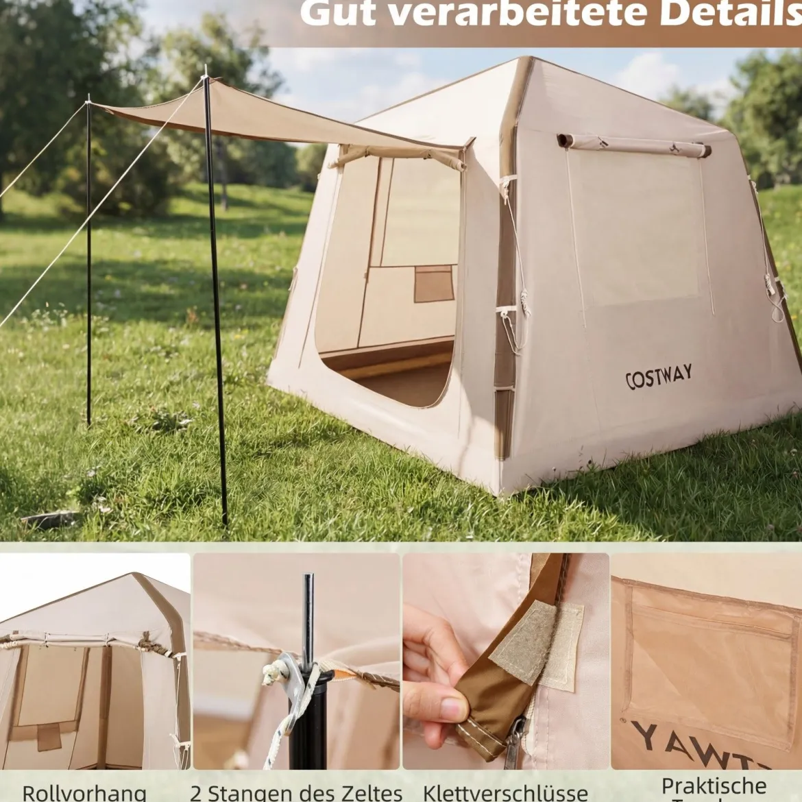 Aufblasbares Campingzelt für 2-4 Personen Luftzelt mit Moskitonetzfenstern Familienzelt mit Pumpe & Tragetasche