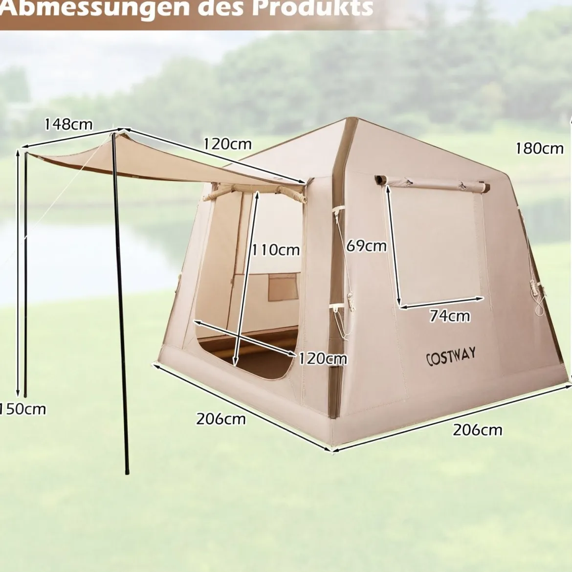 Aufblasbares Campingzelt für 2-4 Personen Luftzelt mit Moskitonetzfenstern Familienzelt mit Pumpe & Tragetasche