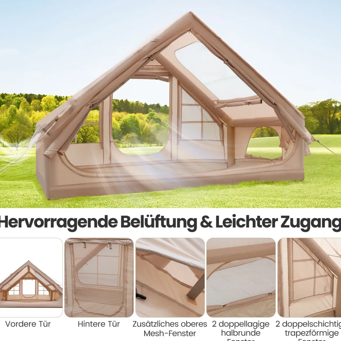 Aufblasbares Campingzelt 4-6 Personen wasserdichtes Luftzelt mit Pumpe Moskitofenstern 2 Türen Beige