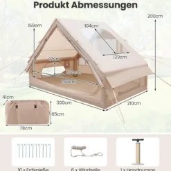 Aufblasbares Campingzelt 4-6 Personen wasserdichtes Luftzelt mit Pumpe Moskitofenstern 2 Türen Beige