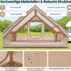 Aufblasbares Campingzelt 4-6 Personen wasserdichtes Luftzelt mit Pumpe Moskitofenstern 2 Türen Beige
