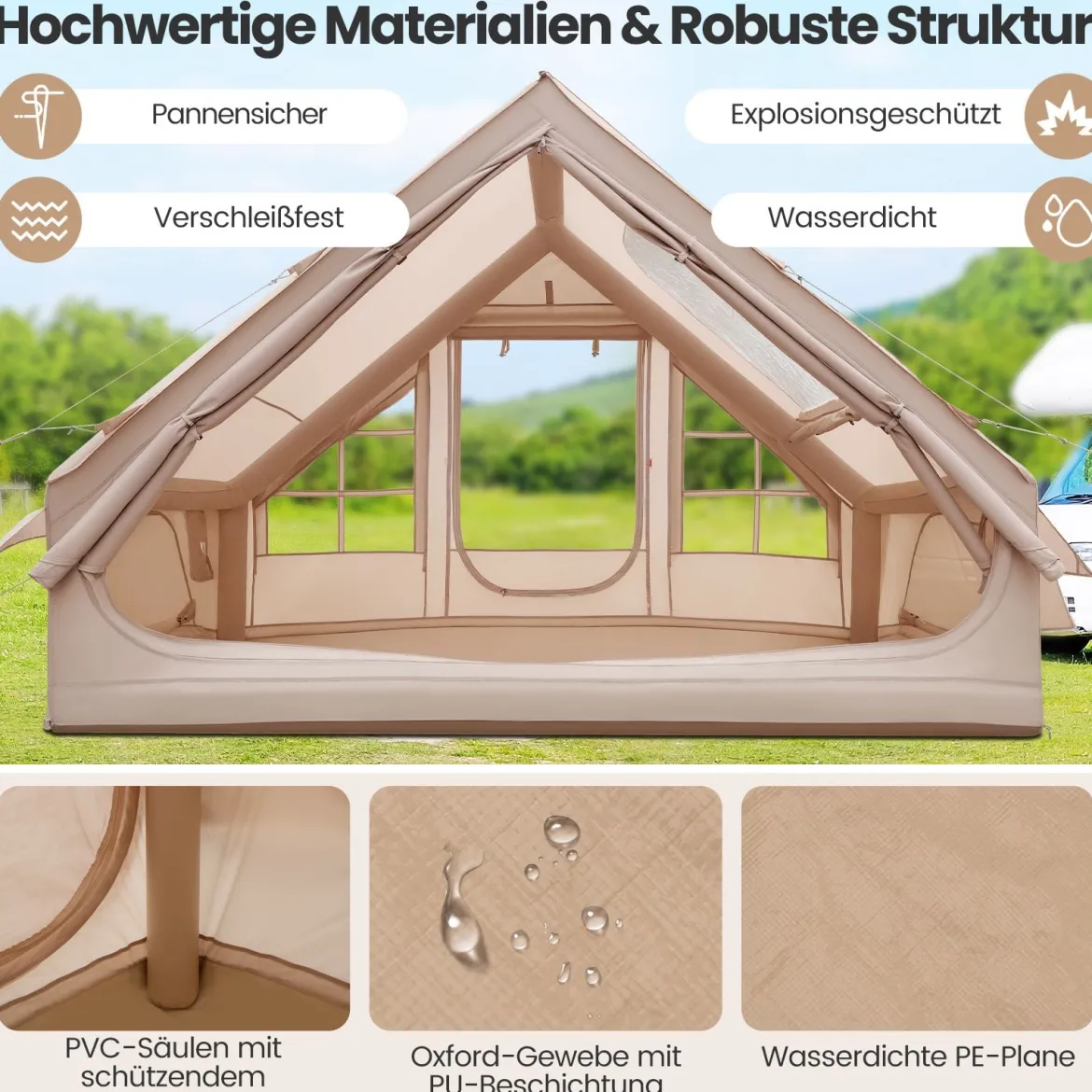 Aufblasbares Campingzelt 4-6 Personen wasserdichtes Luftzelt mit Pumpe Moskitofenstern 2 Türen Beige