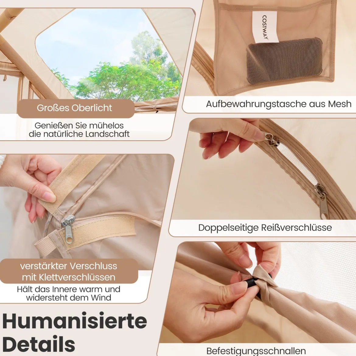 Aufblasbares Campingzelt 4-6 Personen wasserdichtes Luftzelt mit Pumpe Moskitofenstern 2 Türen Beige