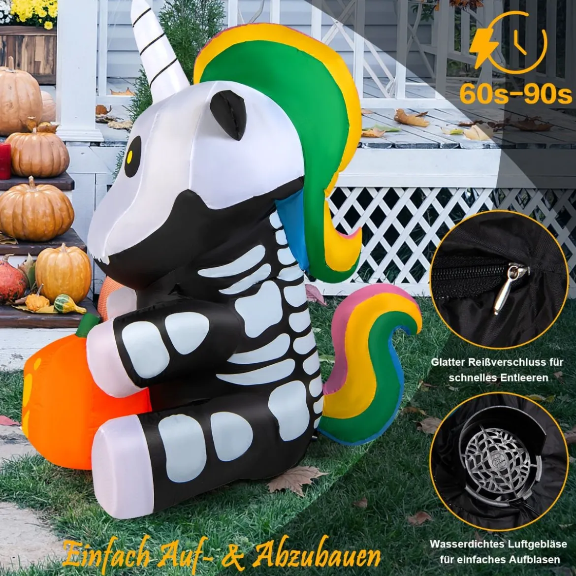 Aufblasbares Halloween-Einhorn-Skelett mit Kürbis Halloween-Dekoration 100 x 130 x 150 cm