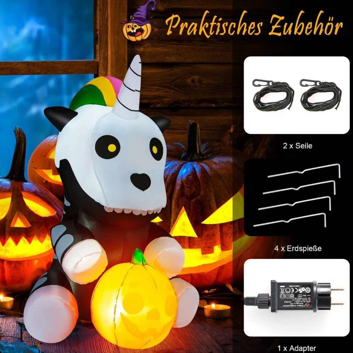 Aufblasbares Halloween-Einhorn-Skelett mit Kürbis Halloween-Dekoration 100 x 130 x 150 cm