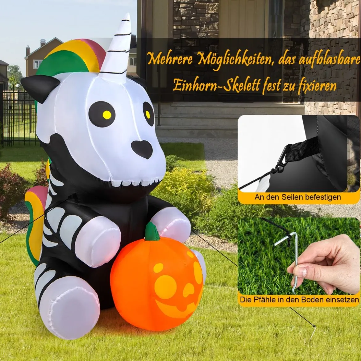 Aufblasbares Halloween-Einhorn-Skelett mit Kürbis Halloween-Dekoration 100 x 130 x 150 cm