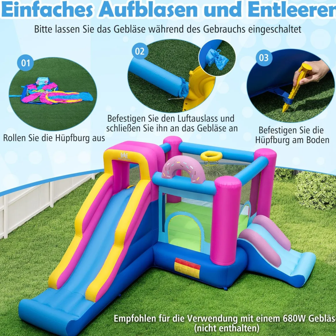 Aufblasbares Hüpfburg Donut-Thema Hüpfburg kinder mit langen Rutschen Mehrfarbig (ohne Gebläse)