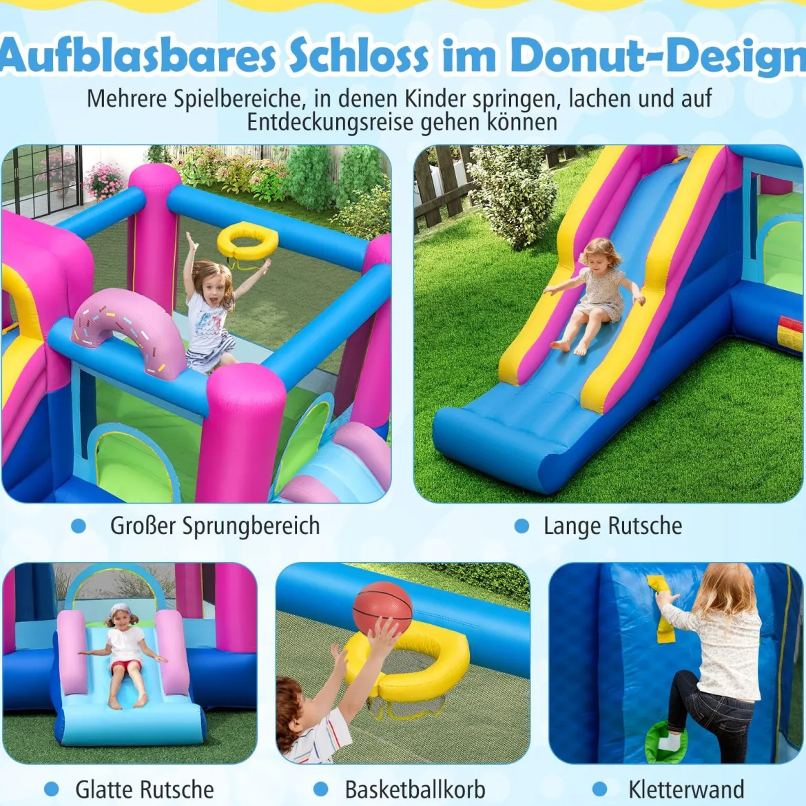 Aufblasbares Hüpfburg Donut-Thema Hüpfburg kinder mit langen Rutschen Mehrfarbig (ohne Gebläse)