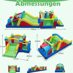 Aufblasbares Hüpfburg Set mit 2 Gebläsen & Rutsche & Kletterwand & Tunnel & Hindernissen