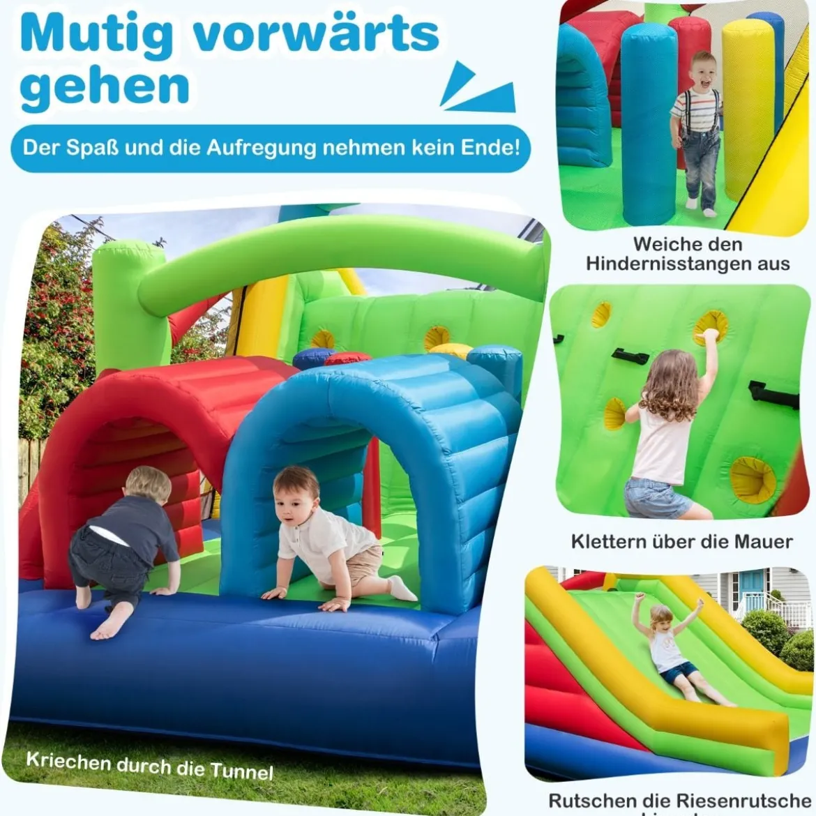Aufblasbares Hüpfburg Set mit 2 Gebläsen & Rutsche & Kletterwand & Tunnel & Hindernissen