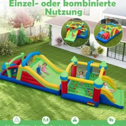 Aufblasbares Hüpfburg Set mit 2 Gebläsen & Rutsche & Kletterwand & Tunnel & Hindernissen