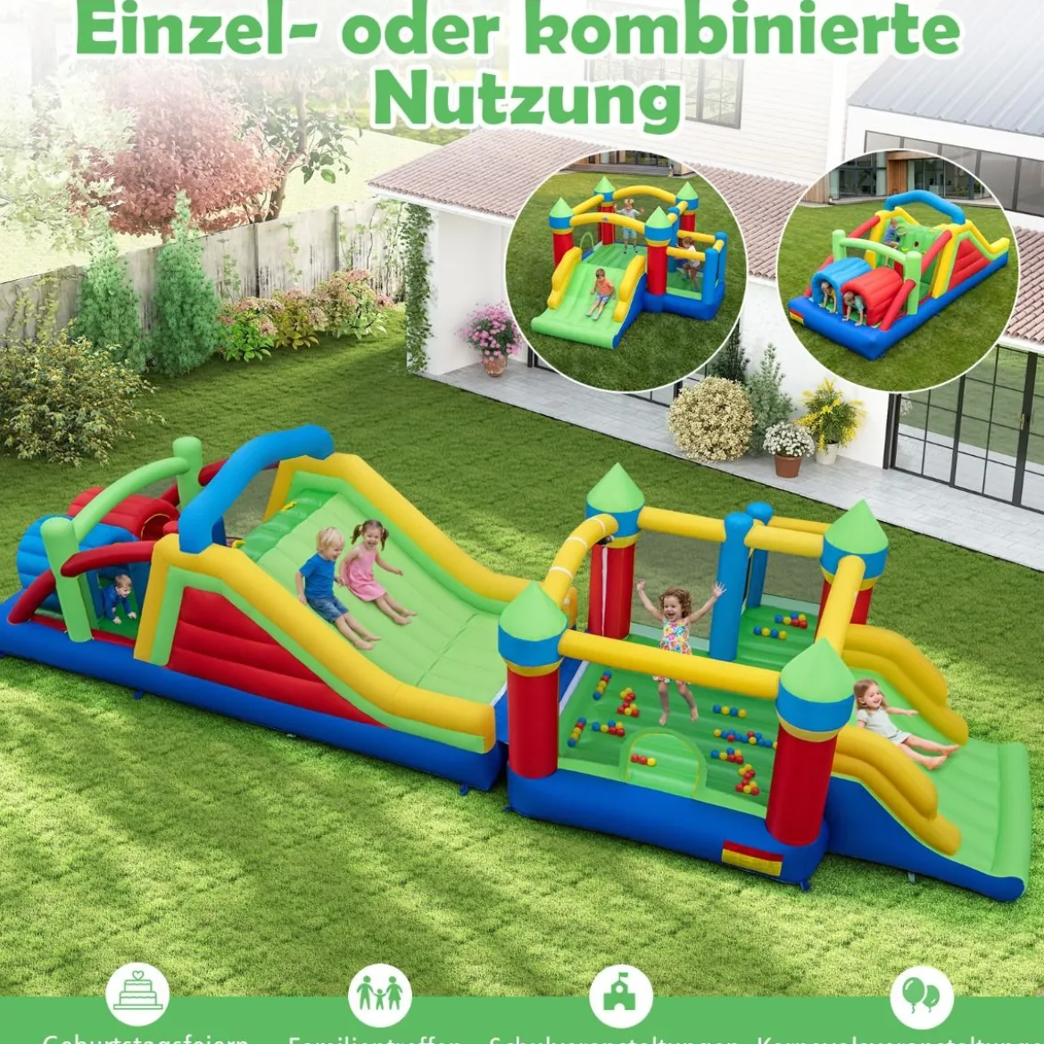 Aufblasbares Hüpfburg Set mit 2 Gebläsen & Rutsche & Kletterwand & Tunnel & Hindernissen