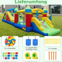 Aufblasbares Hüpfburg Set mit 2 Gebläsen & Rutsche & Kletterwand & Tunnel & Hindernissen