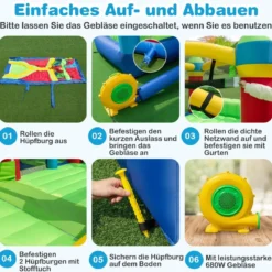Aufblasbares Hüpfburg Set mit 2 Gebläsen & Rutsche & Kletterwand & Tunnel & Hindernissen