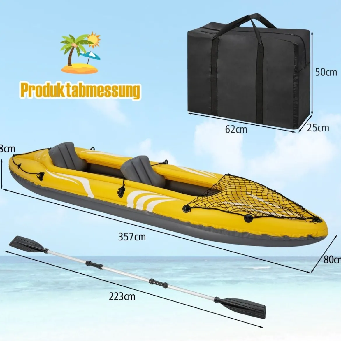 Aufblasbares Kajak für 2 Personen Tandemkajak mit abnehmbaren Sitzen 357 × 80 × 38 cm