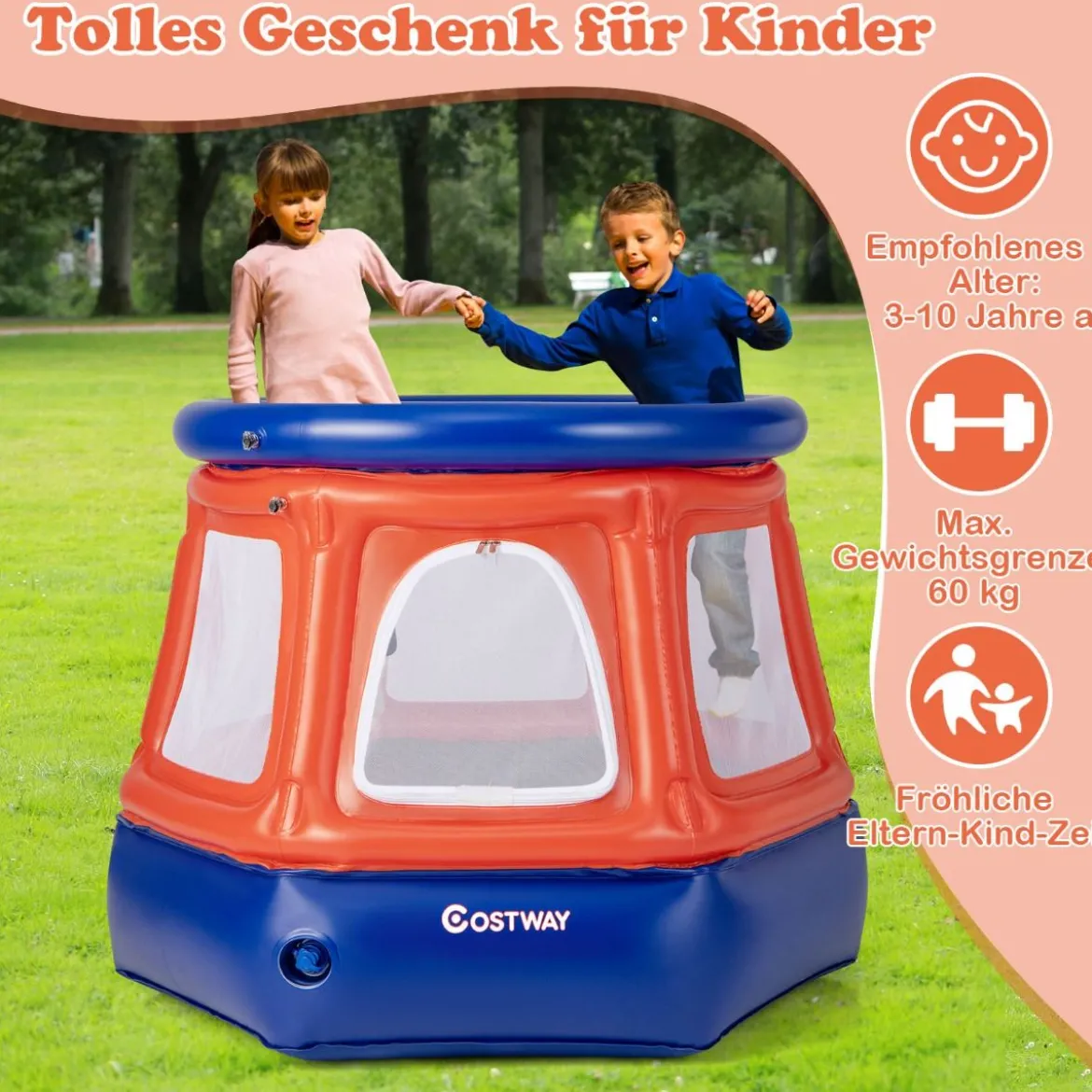 Aufblasbares Kindertrampolin Federfreies Mini-Trampolin 125 x 110 x 97 cm Rot + Blau