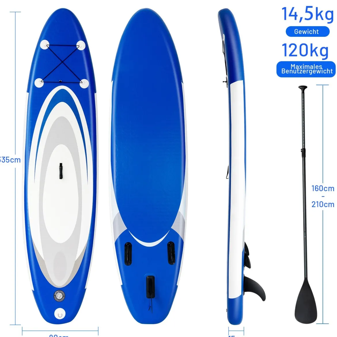 Aufblasbares Paddle Board mit verstellbarem Paddel tragbares SUP Board 335 x 80 x 15 cm Blau + Weiß