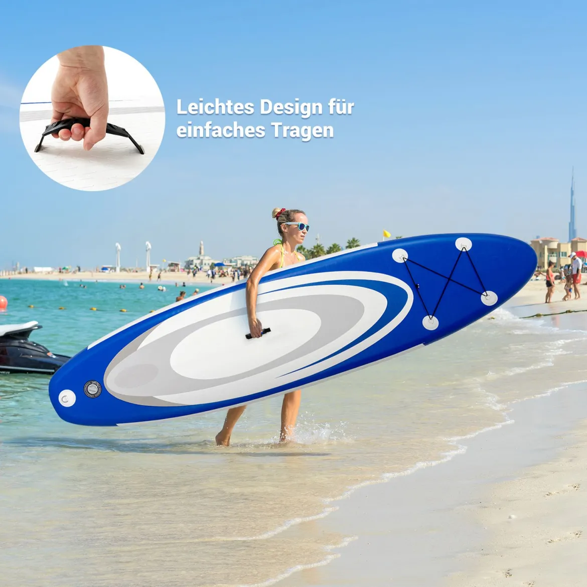 Aufblasbares Paddle Board mit verstellbarem Paddel tragbares SUP Board 335 x 80 x 15 cm Blau + Weiß