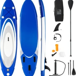 Aufblasbares Paddle Board mit verstellbarem Paddel tragbares SUP Board 335 x 80 x 15 cm Blau + Weiß