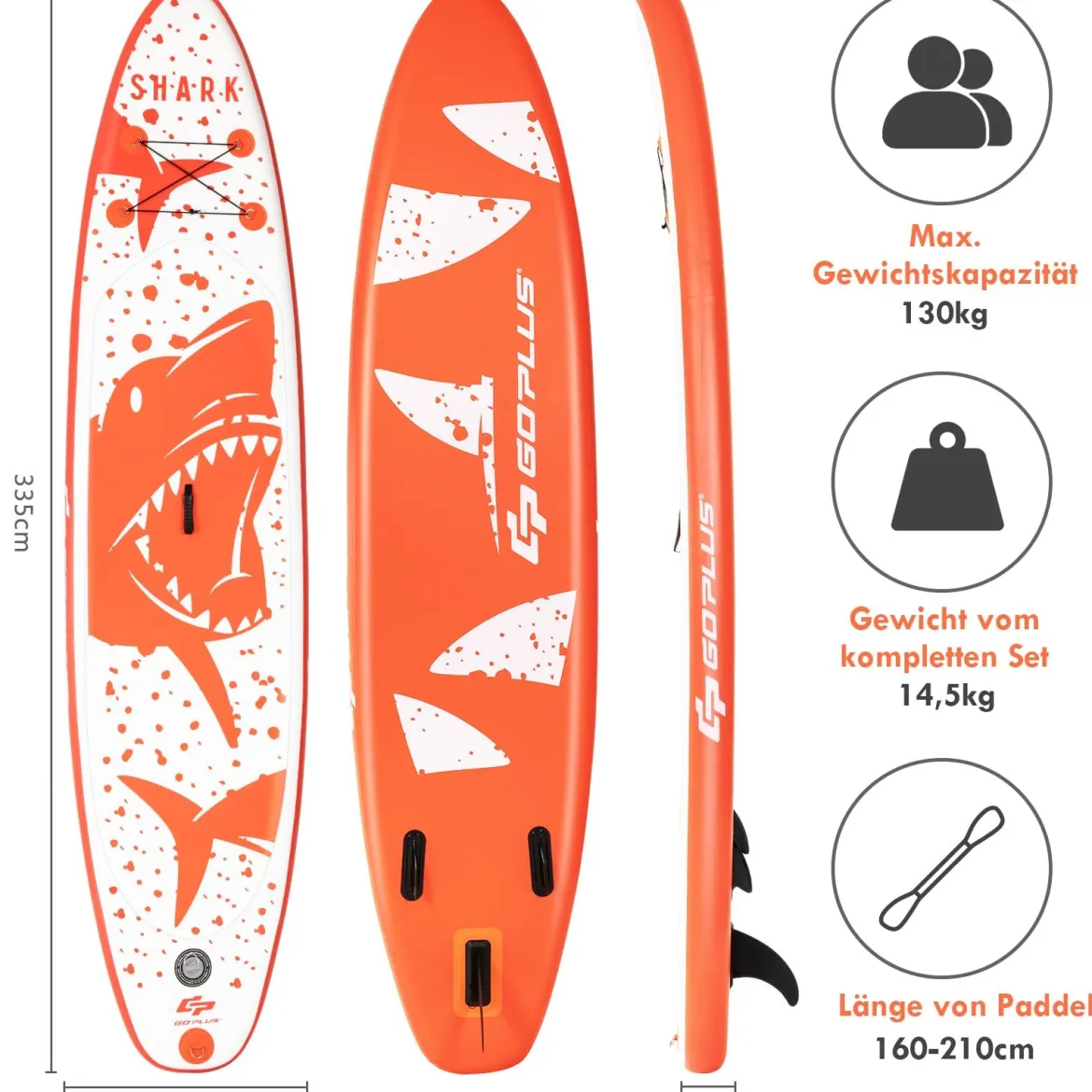 Aufblasbares Paddle Board Stand-Up Surfboard 335 x 76 x 15 cm Hai-Muster Orange + Weiß