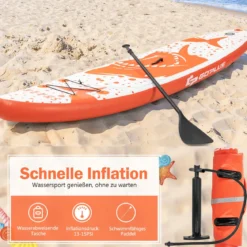 Aufblasbares Paddle Board Stand-Up Surfboard 335 x 76 x 15 cm Hai-Muster Orange + Weiß