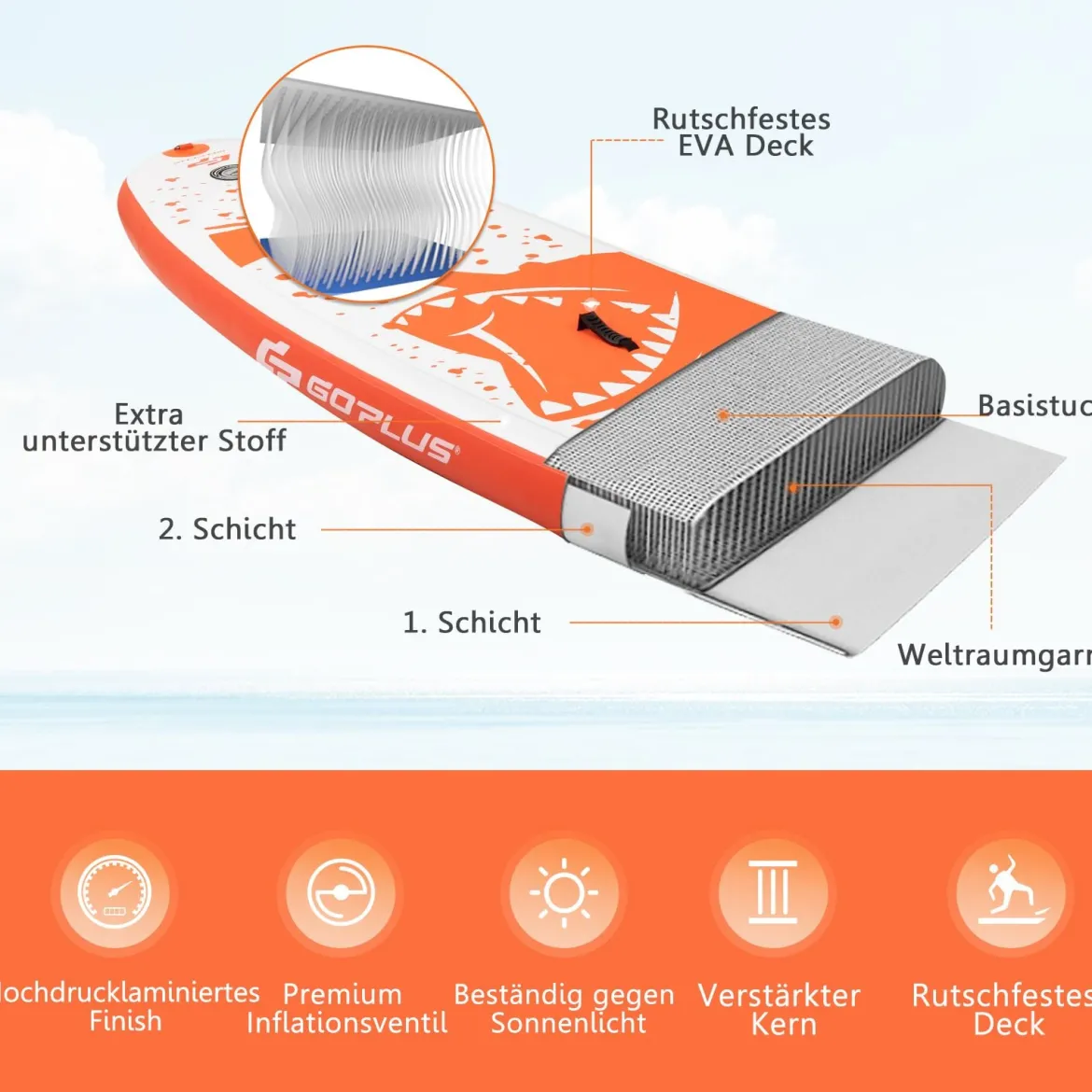 Aufblasbares Paddle Board Stand-Up Surfboard 335 x 76 x 15 cm Hai-Muster Orange + Weiß