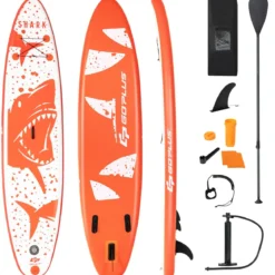 Aufblasbares Paddle Board Stand-Up Surfboard 335 x 76 x 15 cm Hai-Muster Orange + Weiß