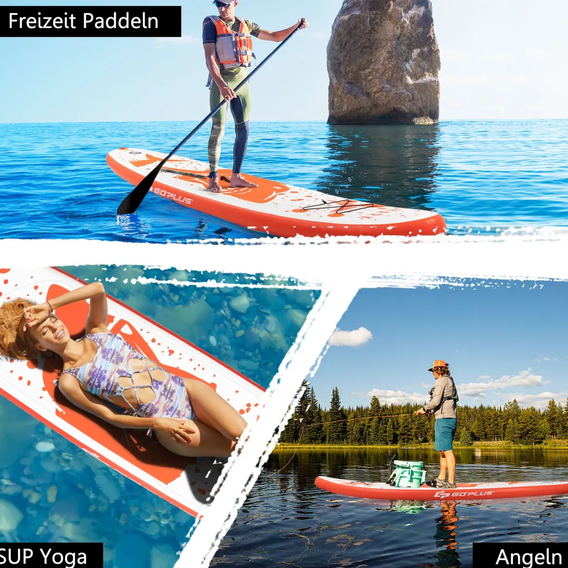 Aufblasbares Paddle Board Stand-Up Surfboard 335 x 76 x 15 cm Hai-Muster Orange + Weiß